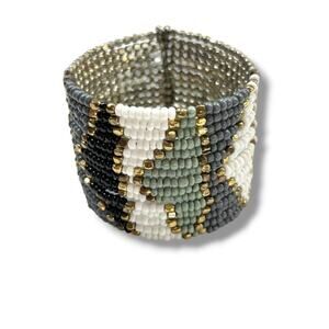 Beaded Cuff Bracelet Adjustable Goldtone Gray Silvertone Green 2" Wide